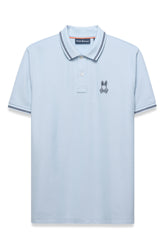 Psycho Bunny men's light blue polo with striped collar and cuffs, button placket, and chest logo shown from the front