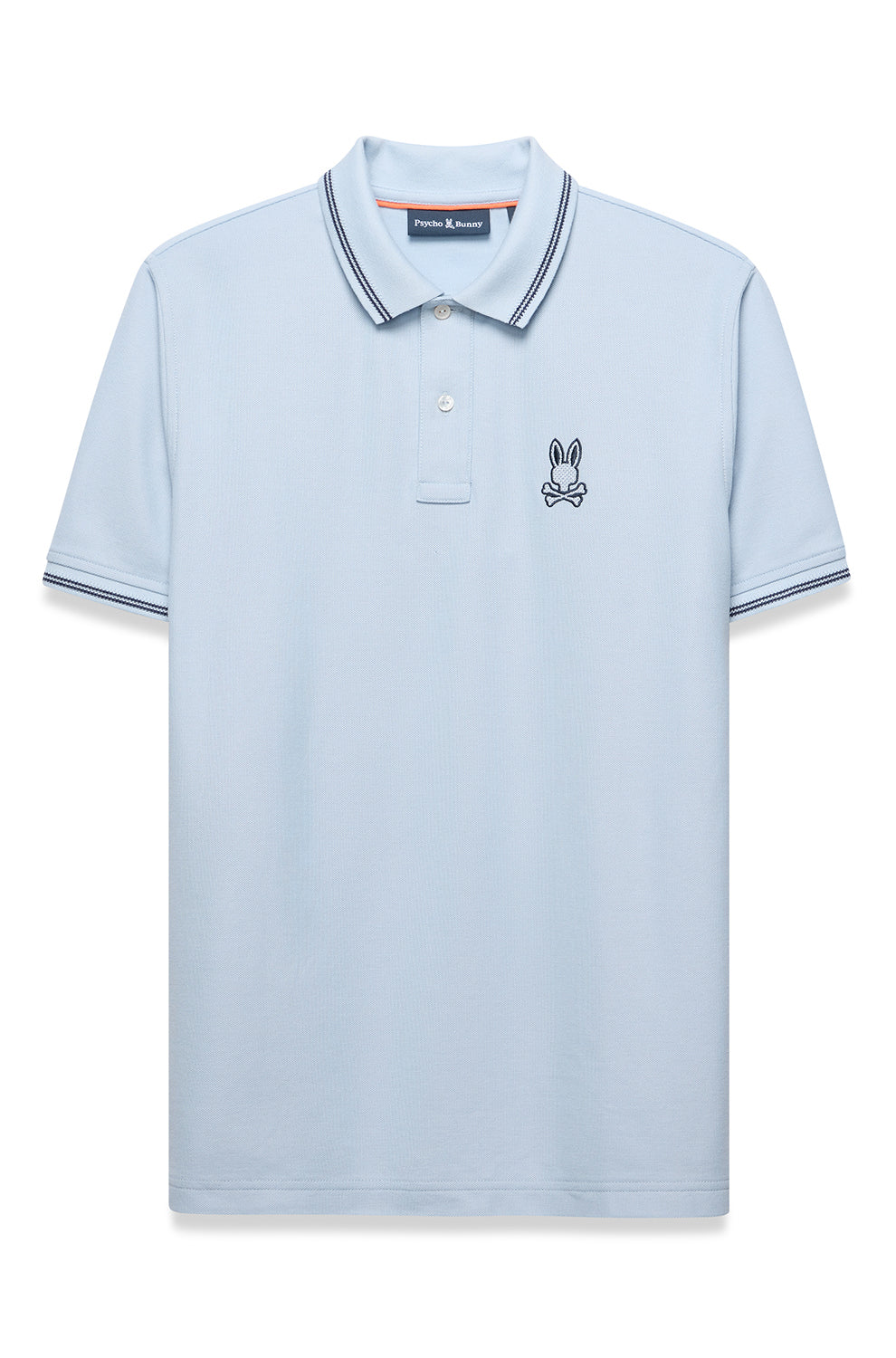 Psycho Bunny men's light blue polo with striped collar and cuffs, button placket, and chest logo shown from the front