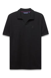Men's black polo front view with ribbed collar, open placket, tonal chest logo and pink neck trim by Psycho Bunny