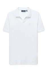 Men's white short sleeve polo shirt front view with ribbed collar and tonal chest logo by Psycho Bunny