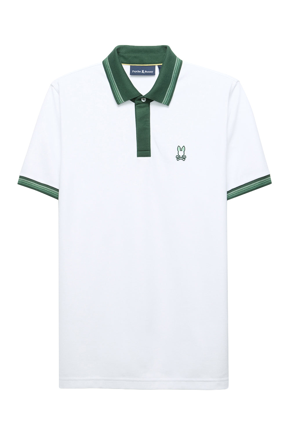 Men's white short sleeve polo with chest bunny logo, cuff trim, placket and green collar, product view by Psycho Bunny