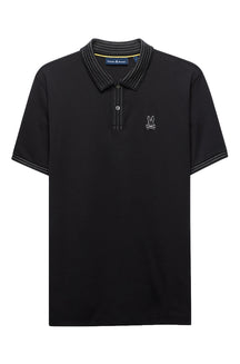 Men's black short-sleeve polo shirt front view with stitched collar and placket by Psycho Bunny