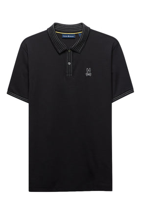Men's black short-sleeve polo shirt front view with stitched collar and placket by Psycho Bunny
