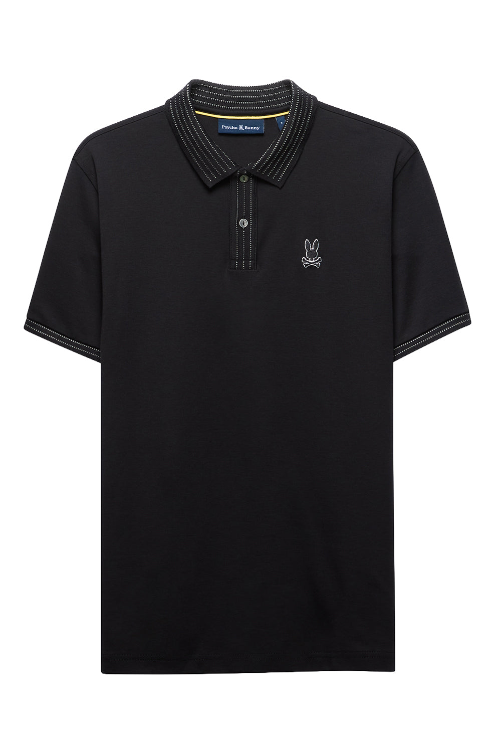 Men's black short-sleeve polo shirt front view with stitched collar and placket by Psycho Bunny
