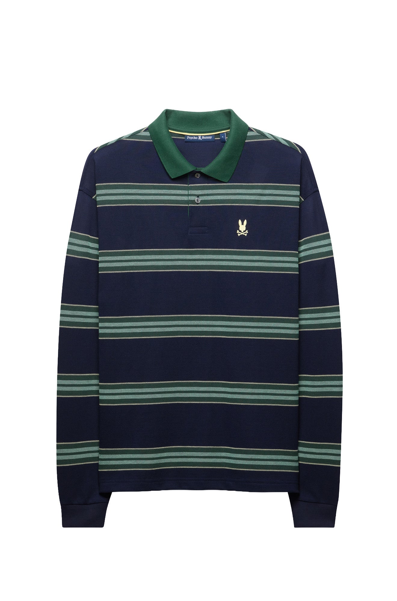 Men's navy long sleeve polo with embroidered chest logo, green collar and green stripes, product view by Psycho Bunny