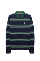 Men's navy long sleeve polo with embroidered chest logo, green collar and green stripes, product view by Psycho Bunny