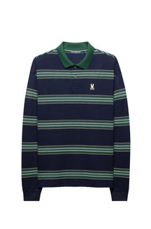 Men's navy long sleeve polo with embroidered chest logo, green collar and green stripes, product view by Psycho Bunny