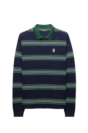 Men's navy long sleeve polo with embroidered chest logo, green collar and green stripes, product view by Psycho Bunny