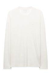 Men's off-white long sleeve crewneck T-Shirt front view with small tonal chest logo by Psycho Bunny