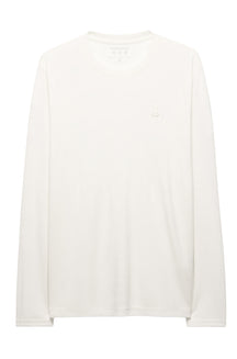 Men's off-white long sleeve crewneck T-Shirt front view with small tonal chest logo by Psycho Bunny