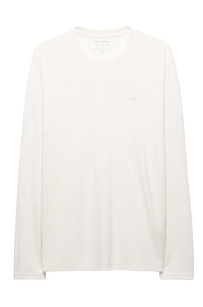 Men's off-white long sleeve crewneck T-Shirt front view with small tonal chest logo by Psycho Bunny