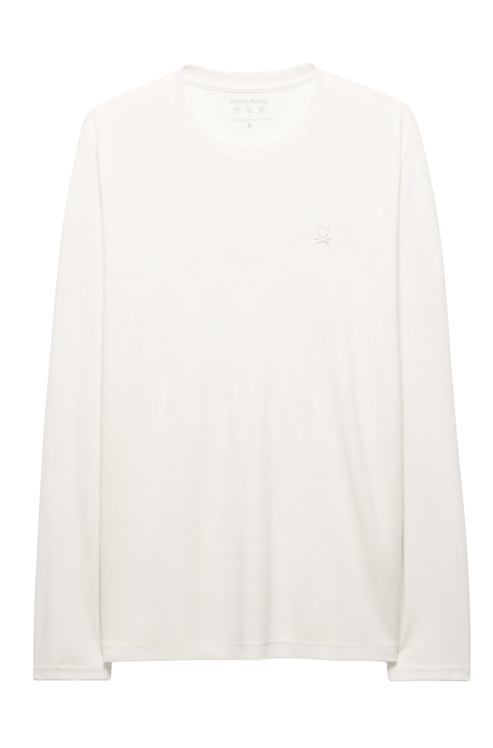 Men's off-white long sleeve crewneck T-Shirt front view with small tonal chest logo by Psycho Bunny