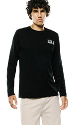 Psycho Bunny men's black long sleeve crewneck T-Shirt with small white triple bunny chest graphic, front model view