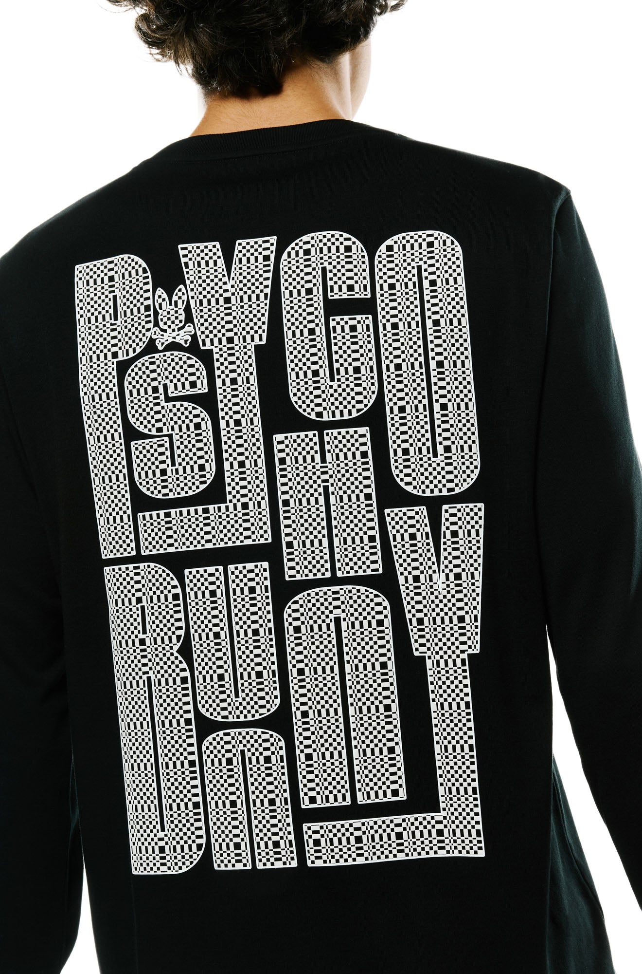 Men's back close view of black long sleeve T-Shirt with large white checkered PSYCHO BUNNY graphic