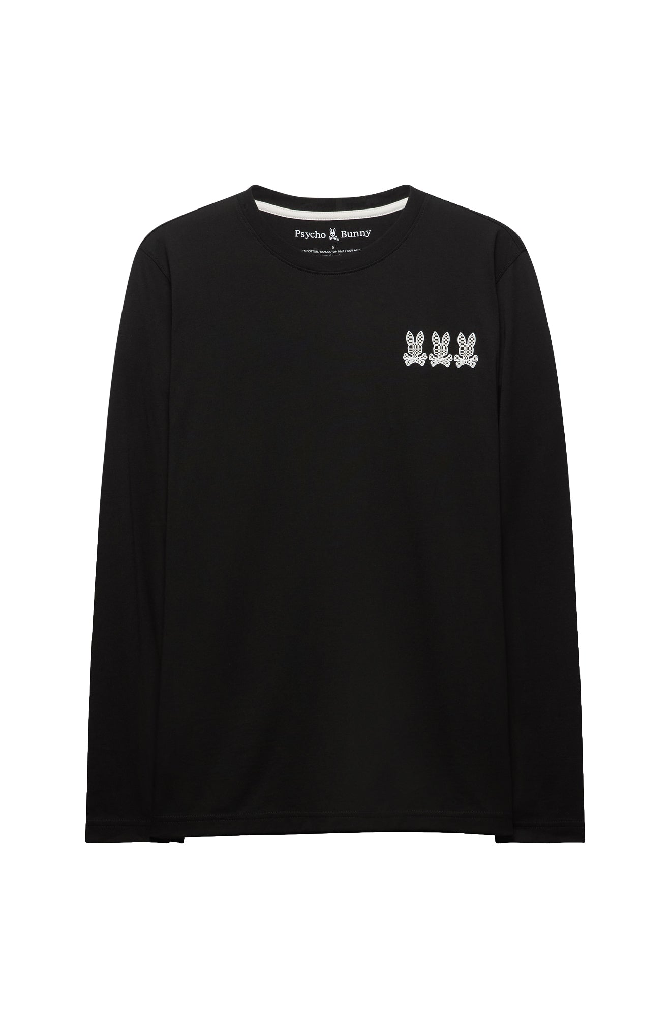 Psycho Bunny men's black long sleeve crewneck T-Shirt with white triple bunny chest graphic shown from the front