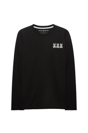 Psycho Bunny men's black long sleeve crewneck T-Shirt with white triple bunny chest graphic shown from the front