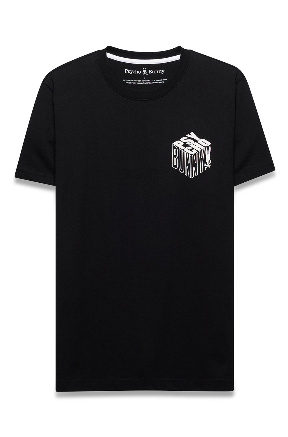 Men's black crewneck Short-sleeve T-Shirt with white Psycho Bunny chest graphic shown from the front