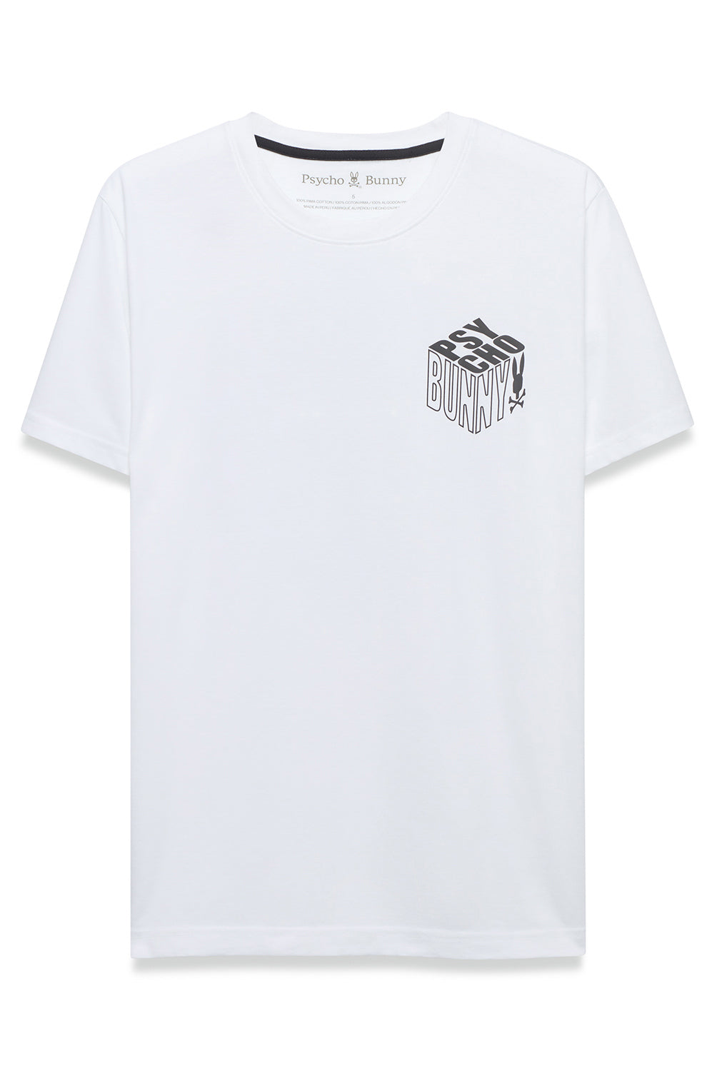 Men's white short sleeve crewneck T-Shirt with small Psycho Bunny block graphic on the left chest, product view