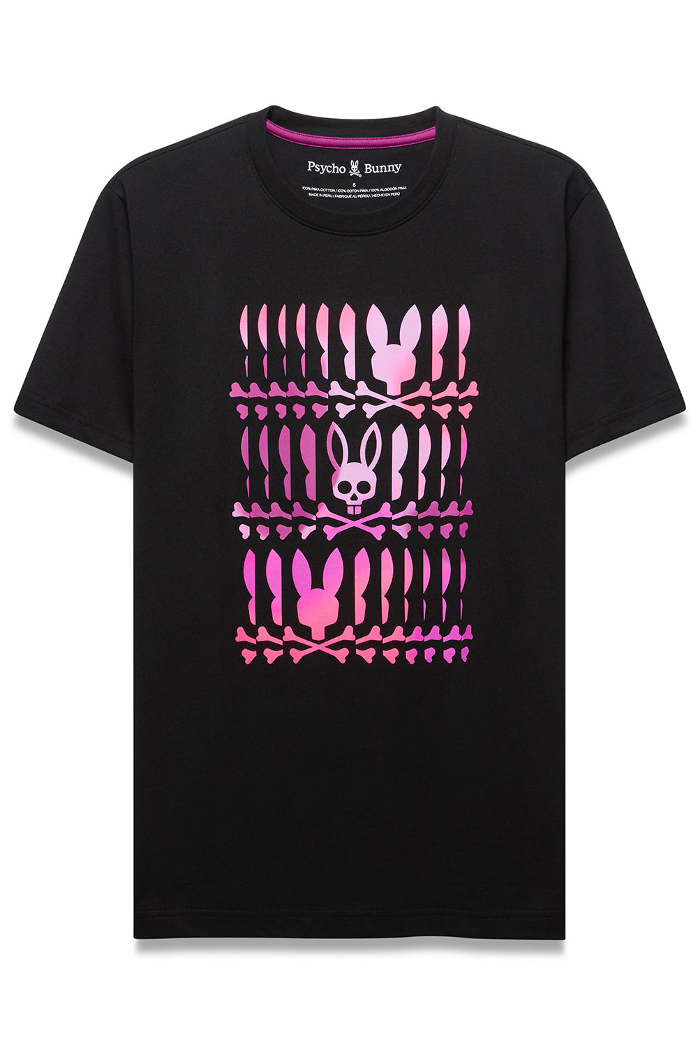 Men's black short sleeve crewneck T-Shirt with large pink Psycho Bunny skull-and-bones front graphic, product view