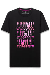 Men's black short sleeve crewneck T-Shirt with large pink Psycho Bunny skull-and-bones front graphic, product view