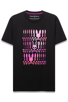 Men's black short sleeve crewneck T-Shirt with large pink Psycho Bunny skull-and-bones front graphic, product view