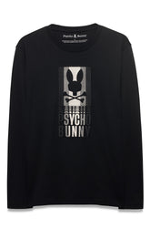 Front view of men's black long sleeve crewneck T-Shirt with gray and white Psycho Bunny graphic