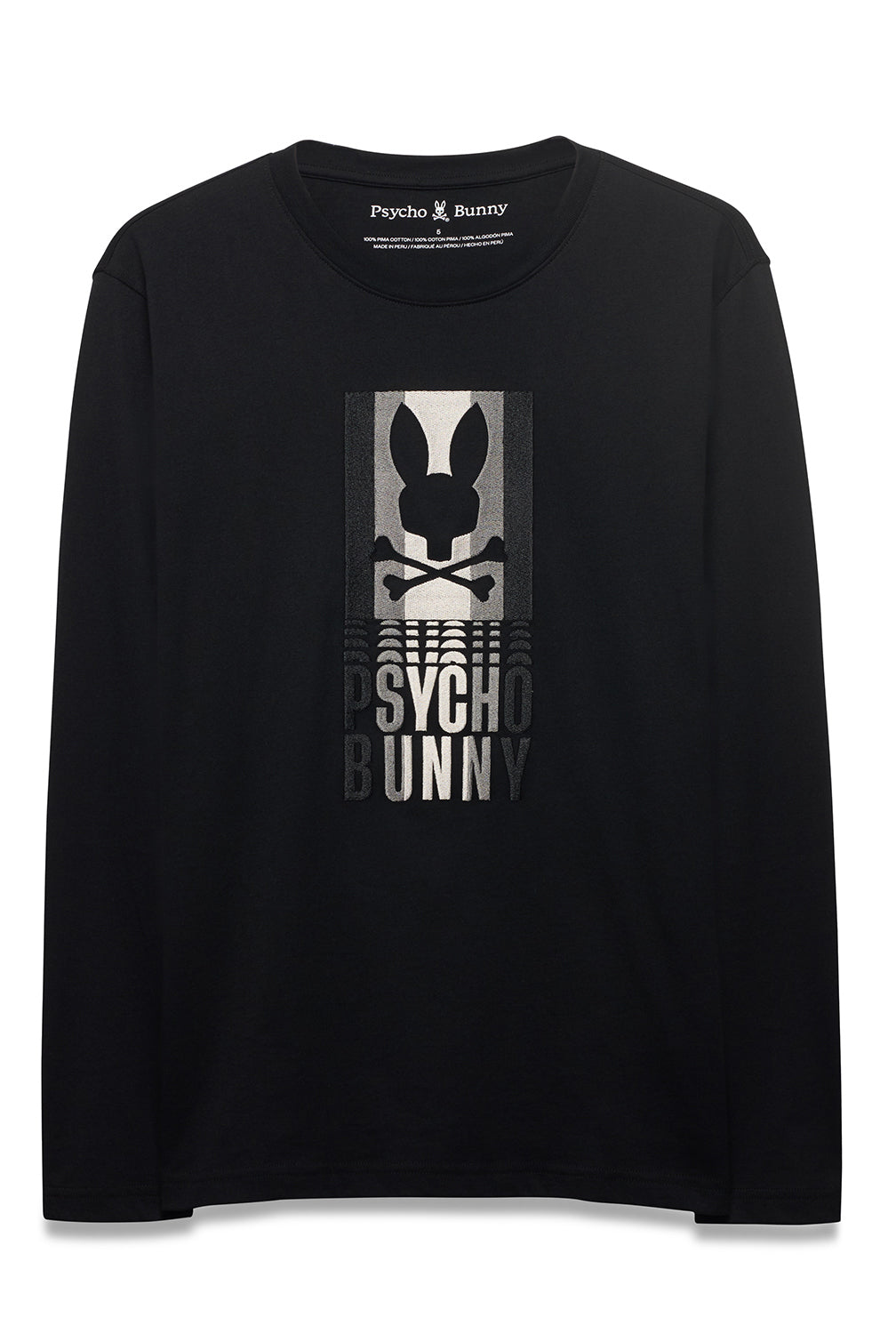 Front view of men's black long sleeve crewneck T-Shirt with gray and white Psycho Bunny graphic