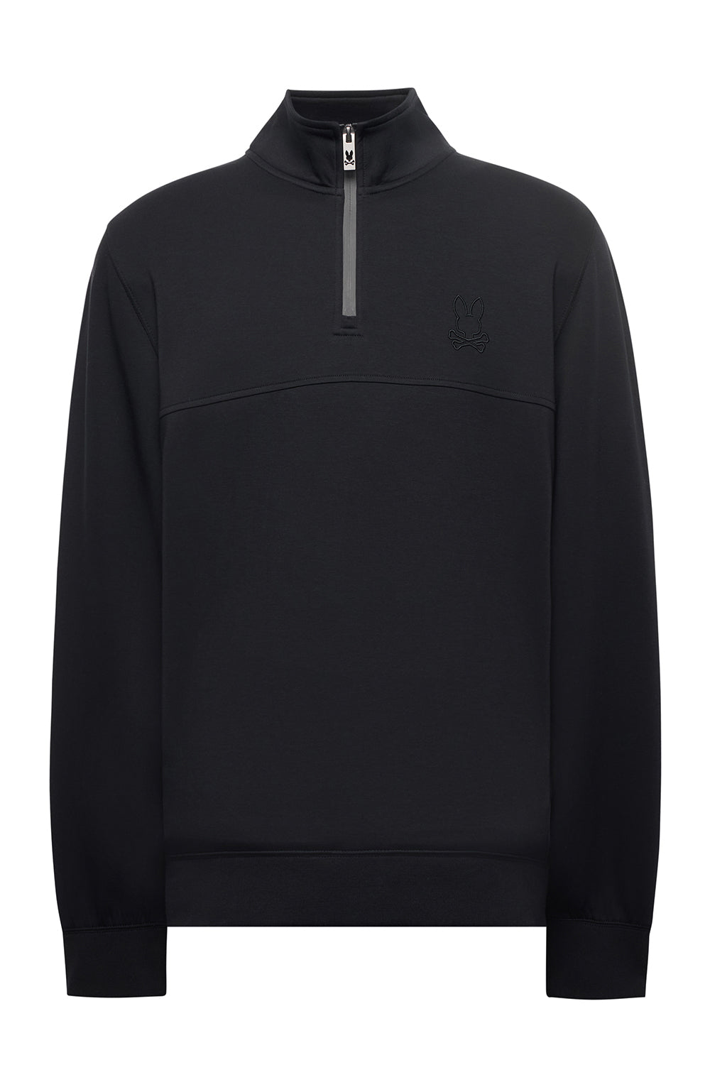 Psycho Bunny men's black long sleeve quarter-zip sweatshirt with tonal chest logo and stand collar, front view