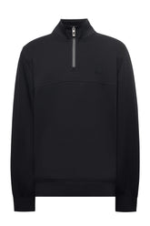Psycho Bunny men's black long sleeve quarter-zip sweatshirt with tonal chest logo and stand collar, front view