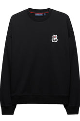 Men's black crewneck sweatshirt front view with ribbed trim and small bunny logo patch on the chest by Psycho Bunny