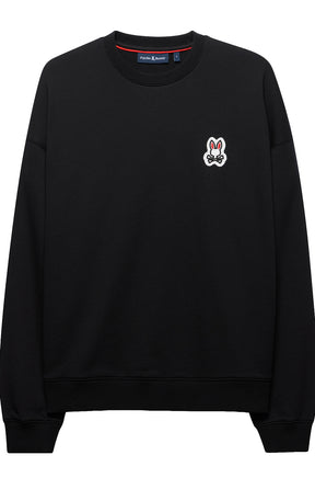Men's black crewneck sweatshirt front view with ribbed trim and small bunny logo patch on the chest by Psycho Bunny