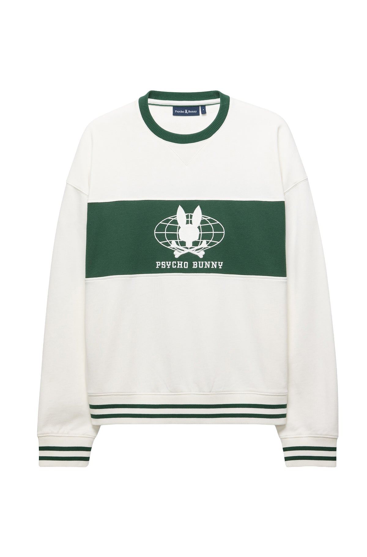 Men's cream sweatshirt with striped rib trim, embroidered Psycho Bunny logo and green panel shown from the front