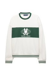 Men's cream sweatshirt with striped rib trim, embroidered Psycho Bunny logo and green panel shown from the front