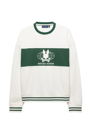 Men's cream sweatshirt with striped rib trim, embroidered Psycho Bunny logo and green panel shown from the front
