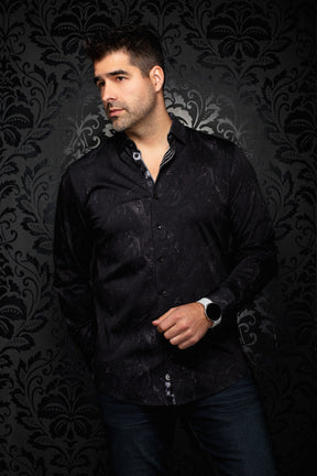 Men's black tonal paisley button-up shirt, front model view with open collar and black buttons by Au Noir