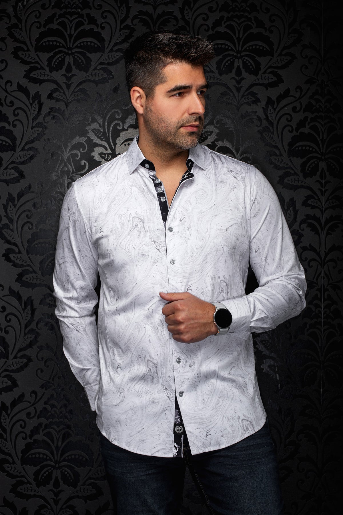 Au Noir men's white shirt with gray marbled print, clear buttons and black inner placket, front view