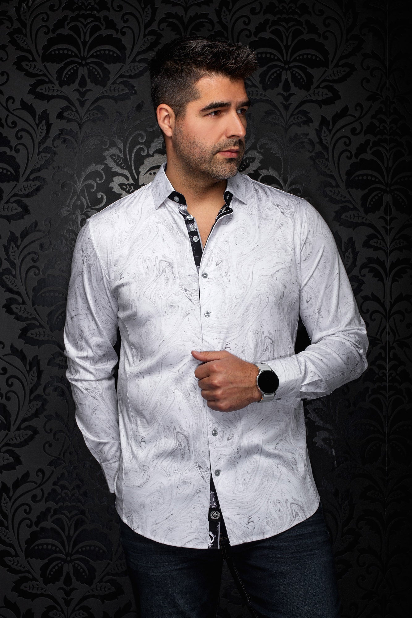 Au Noir men's white shirt with gray marbled print, clear buttons and black inner placket, front view