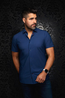 Chemise en nylon pour homme par Au Noir | NICK(SS) STRP Marine | Machemise.ca, inventaire complet de la marque Au Noir