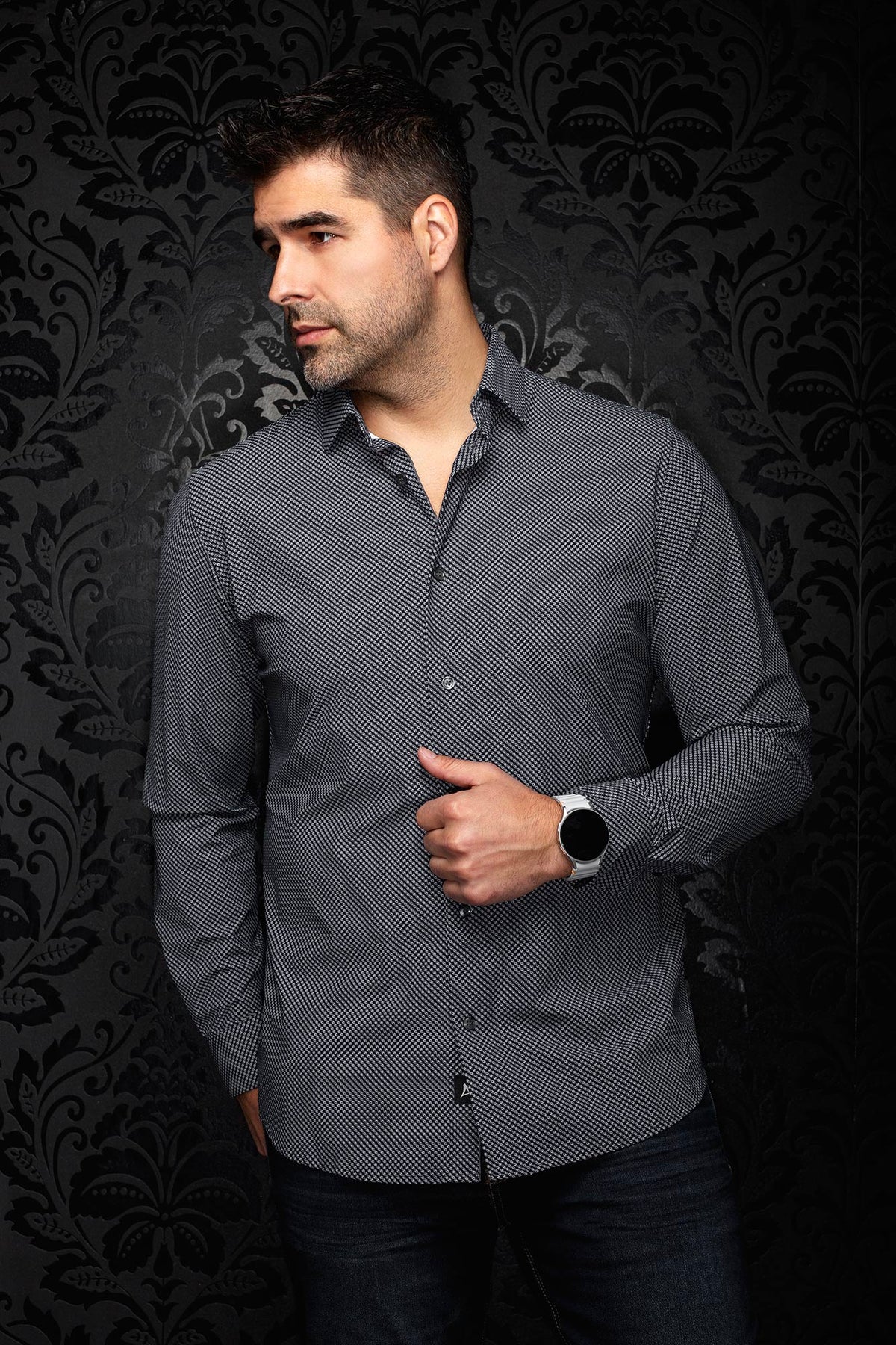 Au Noir men's gray micro-pattern performance shirt with spread collar and long sleeves, front model view