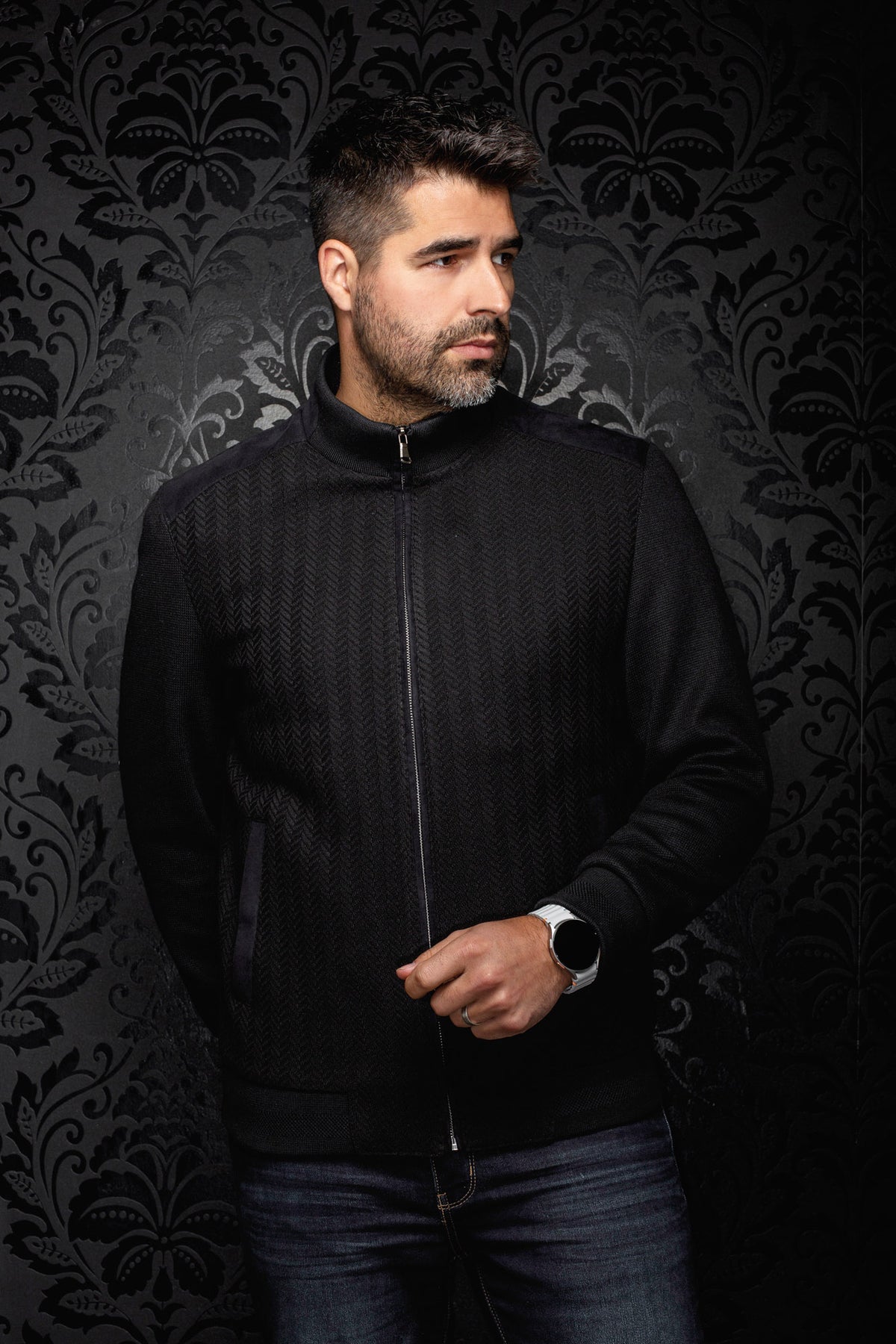 Au Noir men's black bomber jacket zipped up, with stand collar and textured herringbone front panels
