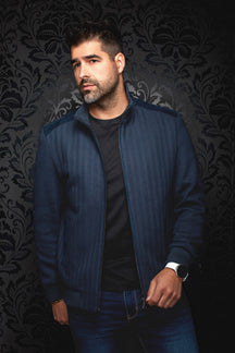 Au Noir men's navy bomber jacket worn open, front view with herringbone texture and ribbed cuffs