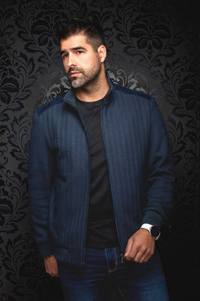 Au Noir men's navy bomber jacket worn open, front view with herringbone texture and ribbed cuffs