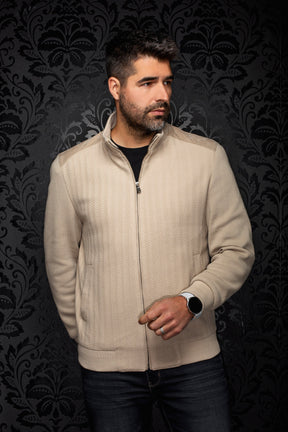 Men's beige zip bomber jacket on model, front view with stand collar, ribbed hem and herringbone texture by Au Noir