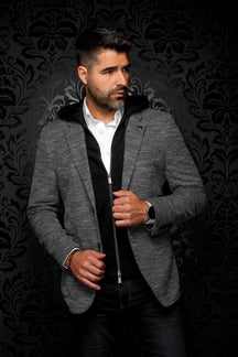 Au Noir men's gray textured blazer with black hooded zip insert and notched lapels shown from the front