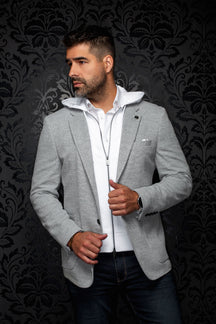 Au Noir men's light gray textured blazer with notched lapels, black buttons, and pocket square, front view