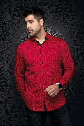 Au Noir men's red button-up shirt with black geometric microprint, black buttons and trim shown from the front