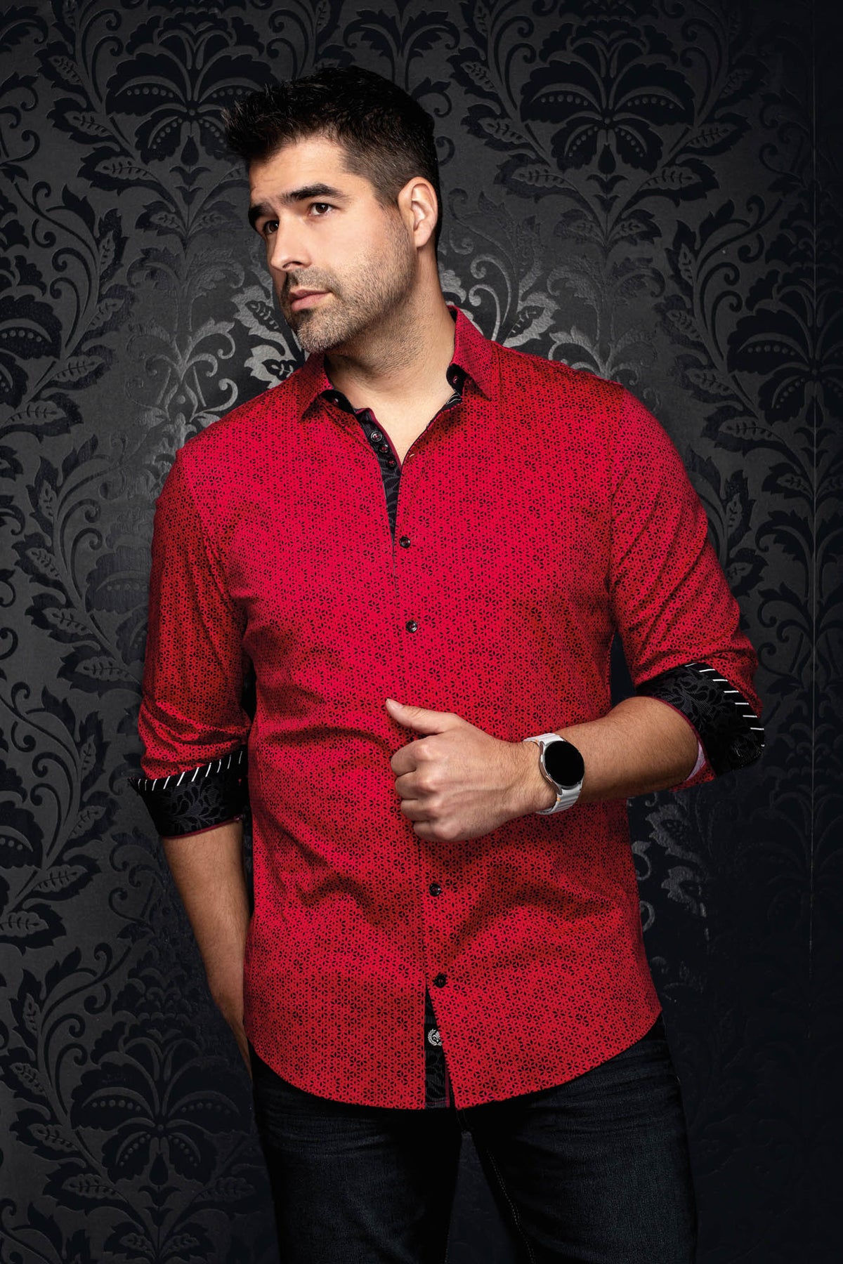 Au Noir men's angled front view of red button-up shirt with black microprint and rolled contrast cuffs