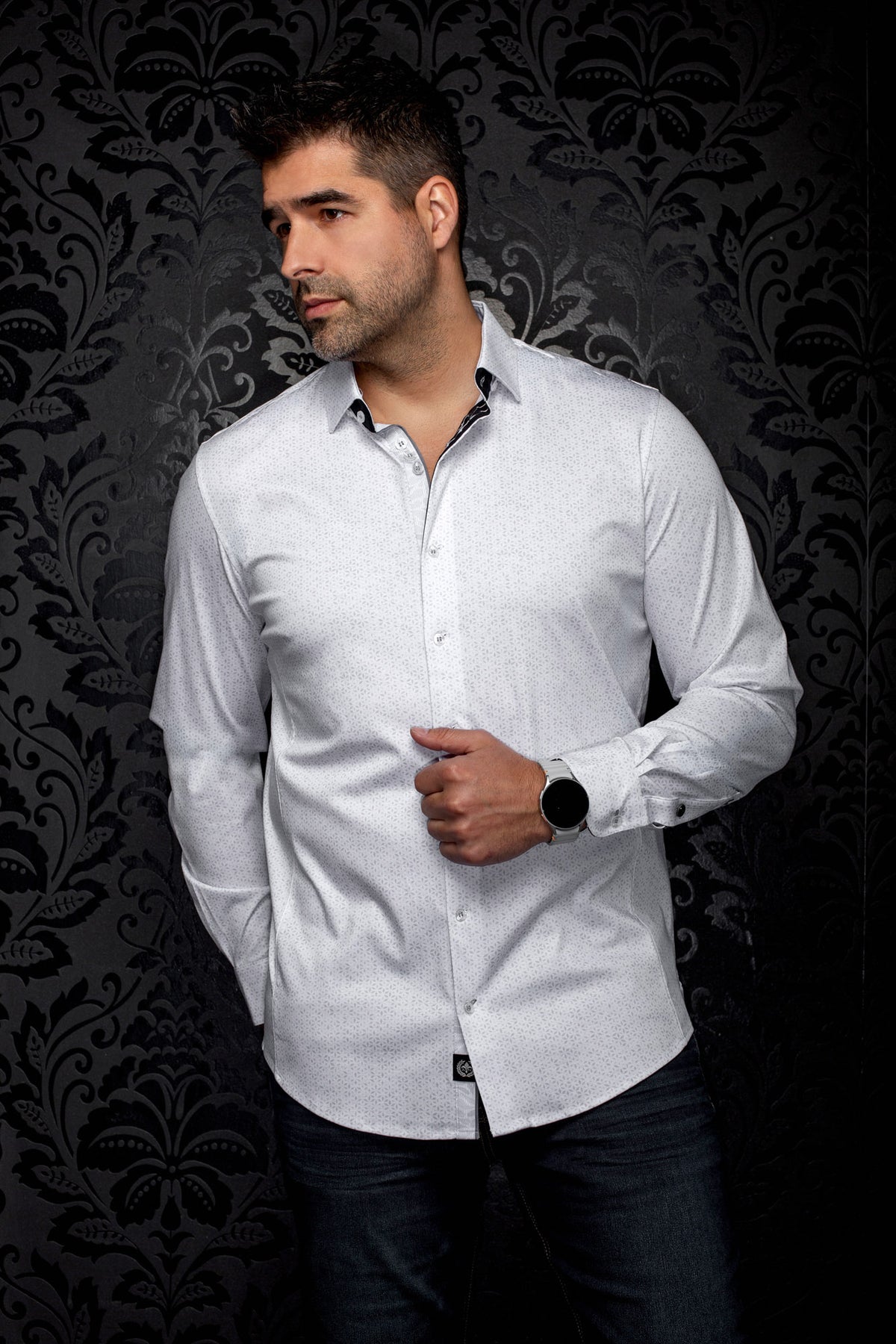 Au Noir men's white long sleeve button-up shirt with subtle gray print and black inner trim, front model view