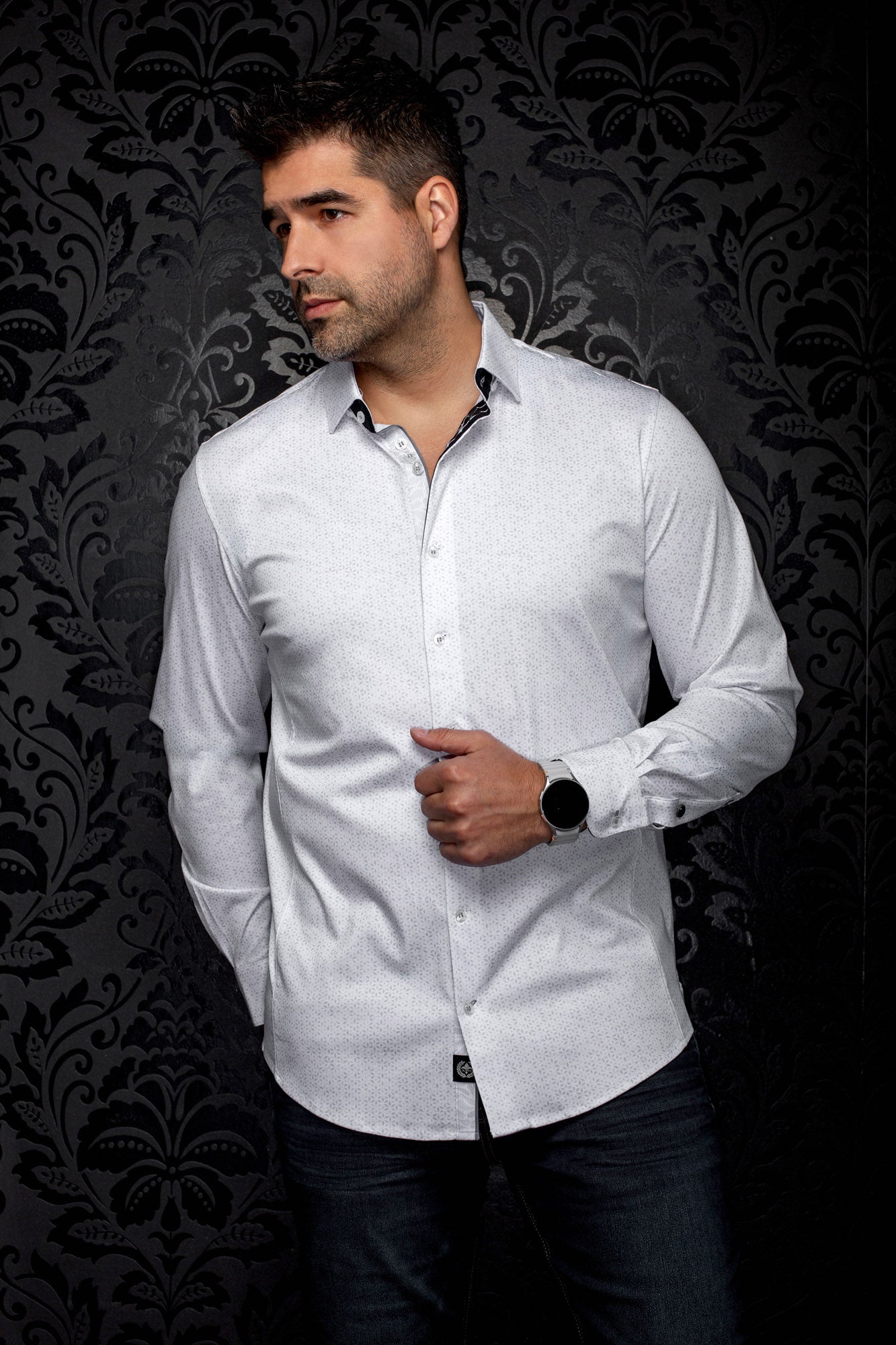 Au Noir men's white long sleeve button-up shirt with subtle gray print and black inner trim, front model view