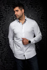 Au Noir men's white long sleeve button-up shirt with subtle gray print and black inner trim, front model view